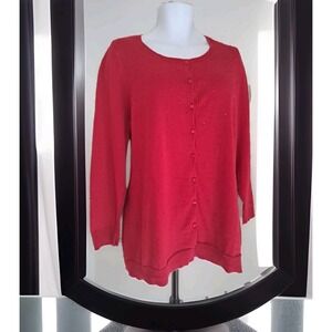 Catherines Button Front Cardigan 1X Red Beaded Detail 100% Cotton Lightweight